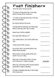 English Worksheet: FAST FINISHERS: before/after 