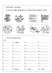 English Worksheet: School subjects and Numbers