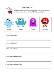 English Worksheet: Has, have, does not have
