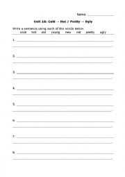 Grammar Cue 1, Unit 10 Hot/Cold Pretty/Ugly Adjectives Writing Worksheet