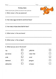 English Worksheet: Finding Nemo movie question sheet with illustration