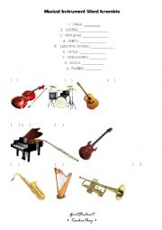 English Worksheet: Musical Instrument Word Scramble