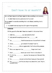English Worksheet: Dont have to or mustnt 