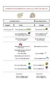 English Worksheet: Countable and Uncountable Nouns / Some, any, a little, a few and a lot