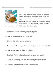 English Worksheet: Plants Vs Zombies Ordering Worksheet