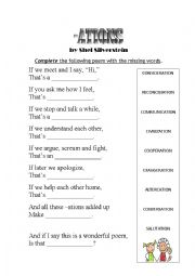 English Worksheet: SHEL SILVERSTEIN -ATIONS POEM gap filling with key answer