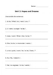 English Worksheet: Lets Go 4, Unit 2: Hopes and Dreams - Sentence Scramble