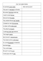 English Worksheet: Past tense, What, Where, When, Who, How