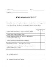 Read aloud checklist for peer to peer assessment - ESL suitable