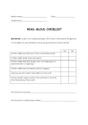 English Worksheet: Read aloud checklist for peer to peer assessment - ESL suitable