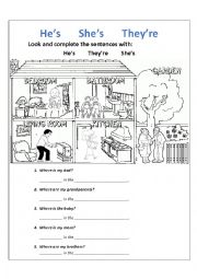 English Worksheet: PRONOUNS HES / SHES / THEYRE AND PARTS OF THE HOUSE