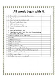 English Worksheet: All words begin with N