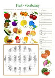 FRUIT - wordsearch, gap-filling (answer key included)