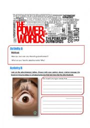 English Worksheet: The power of words worksheet using ads (writing,speaking,reading)