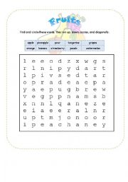 English Worksheet: Fruits Wordsearch