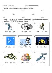 Phonics Worksheet Short i VS Long i