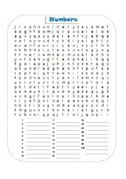 English Worksheet: Numbers Word search