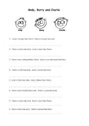 English Worksheet: Andy, Barry, Charlie Superlatives