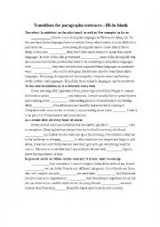 English Worksheet: Transitions for paragraphs/sentences--fill-in-blank