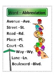 English Worksheet: Street, Road, Place, Boulevard, Way, Lane, Avenue