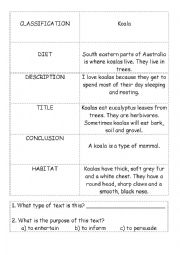 English Worksheet: Koala Information Text Cut and Paste
