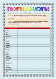 English Worksheet: synonyms and antonyms