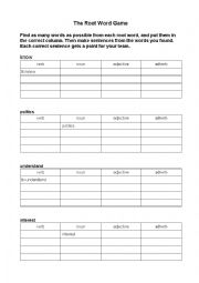 English Worksheet: Root Word Game - find as many words as possible and make sentences