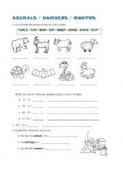 English Worksheet: ANIMALS / NUMBERS / MONTHS