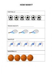 English Worksheet: How many - sports equipment - very young learners