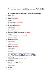 English Worksheet: Most commo errors in English: A, An, The