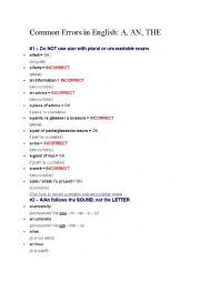 English Worksheet: Most commo errors in English: A, An, The