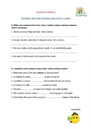 English Worksheet: Defining and non defining relative clauses