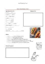 English Worksheet: Mini Meatball Subs Recipe Worksheet