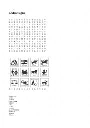 English Worksheet: Zodiac Signs- wordsearch