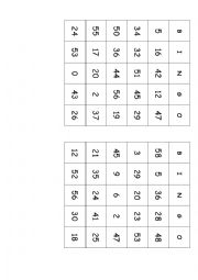 English Worksheet: Numbers 1-50 Bingo Cards