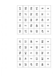 English Worksheet: Numbers 1-50 Bingo Cards