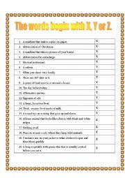 English Worksheet: All words begin with X, Y or Z