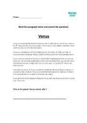 English Worksheet: Planet Venus reading comprehension with questions