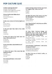 English Worksheet: TEENS - activity - Pop Culture Quiz