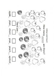 English Worksheet: Colour and count fruits