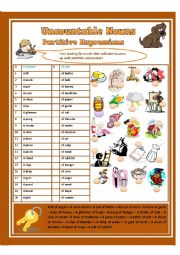 English Worksheet: Uncountable Nouns Partitive Expressions