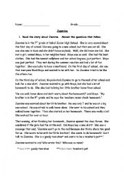 English Worksheet: Jasmine- Reading Comprehension