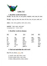English Worksheet: Reading Card,letter Ee