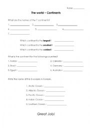 Continent worksheet