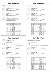 Word Search Puzzle (Names, Numbers & Colours)