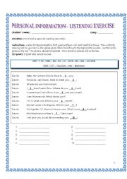 English Worksheet: personal information listening exercise