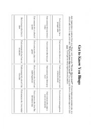 English Worksheet: Get to know you bingo 