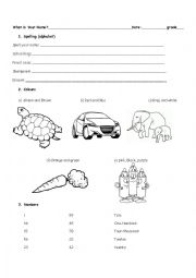 English Worksheet: the alphabet, colours, numbers exam