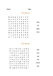 English Worksheet: word search the letter a and b