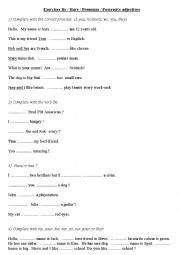 English Worksheet: Exercises Be/Have/Pronouns/possessives